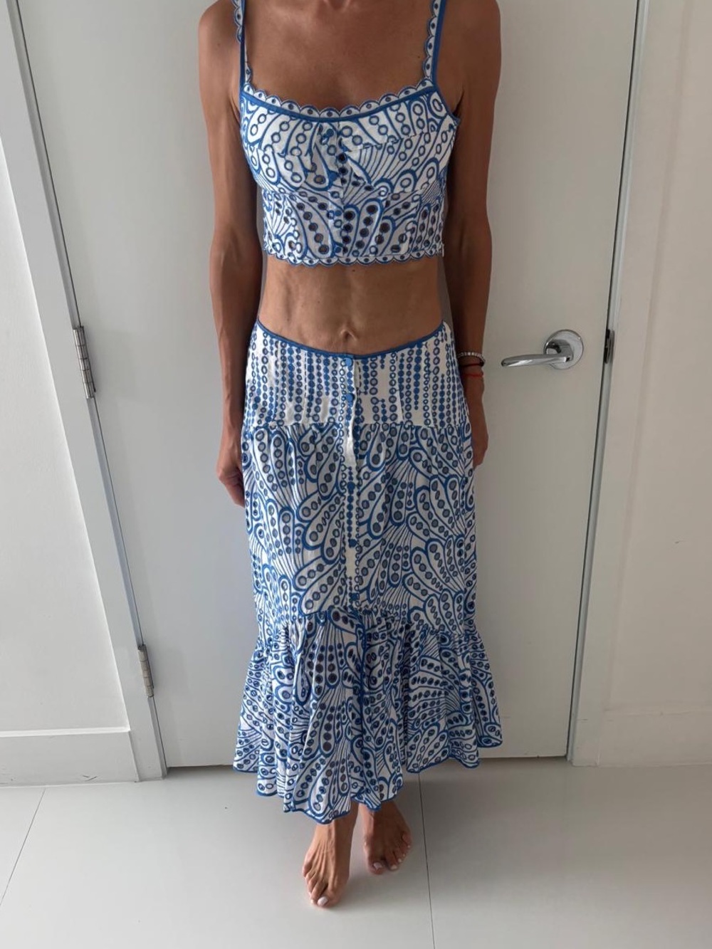 Charo Ruiz Blue and White Paisley Cropped Top & Tiered Maxi Skirt Set